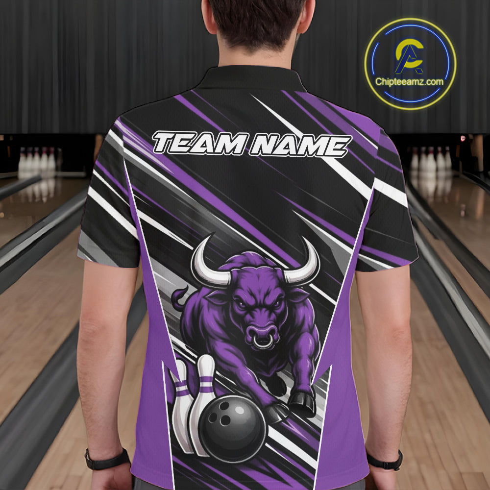 Custom Black And Purple Bull Bowling Team Men Polo Shirt, Bull Bowling Jerseys IPHW11816