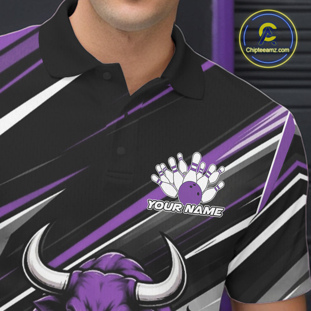 Custom Black And Purple Bull Bowling Team Men Polo Shirt, Bull Bowling Jerseys IPHW11816