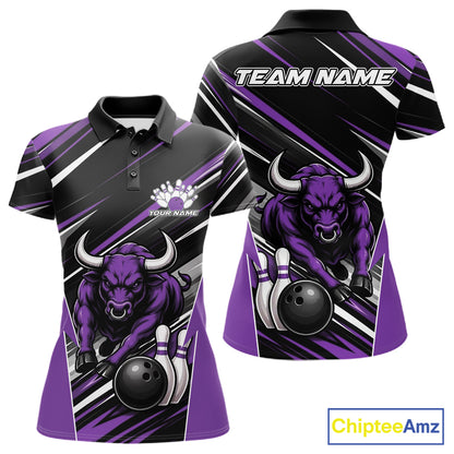 Custom Black And Purple Bull Bowling Team Women Polo Shirt, Bull Bowling Jerseys IPHW11816