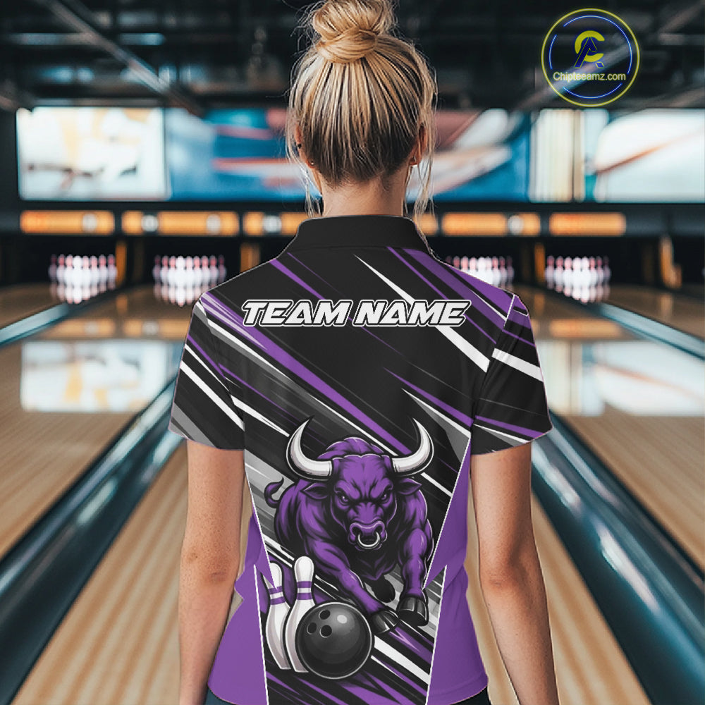Custom Black And Purple Bull Bowling Team Women Polo Shirt, Bull Bowling Jerseys IPHW11816
