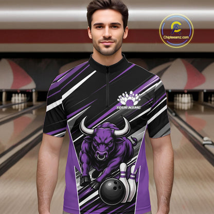 Custom Black And Purple Bull Bowling Team Men Quarter Zip Shirt, Bull Bowling Jerseys IPHW11816