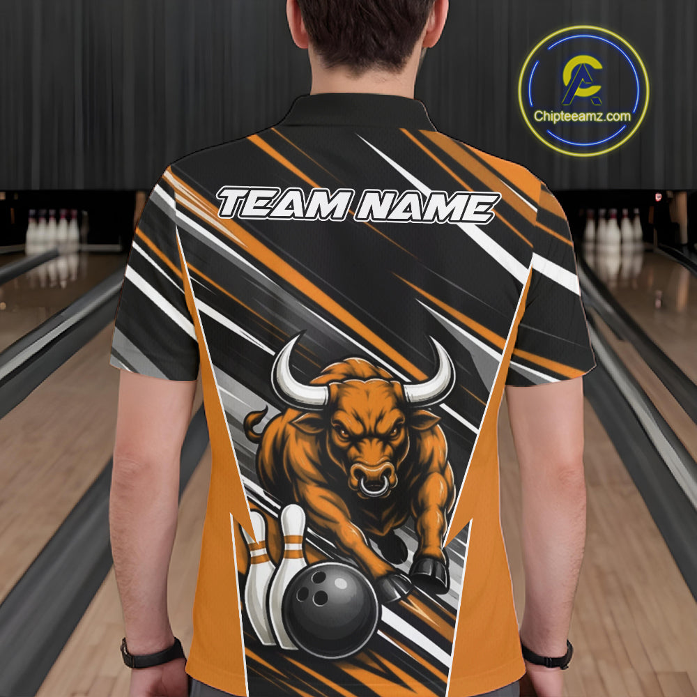 Custom Black And Orange Bull Bowling Team Men Polo Shirt, Bull Bowling Jerseys IPHW11817