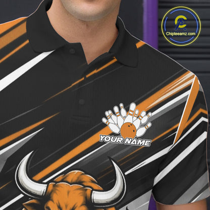Custom Black And Orange Bull Bowling Team Men Polo Shirt, Bull Bowling Jerseys IPHW11817