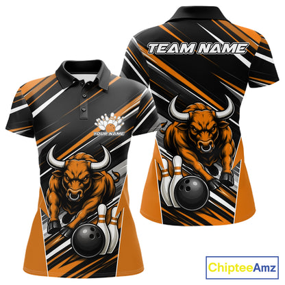 Custom Black And Orange Bull Bowling Team Women Polo Shirt, Bull Bowling Jerseys IPHW11817