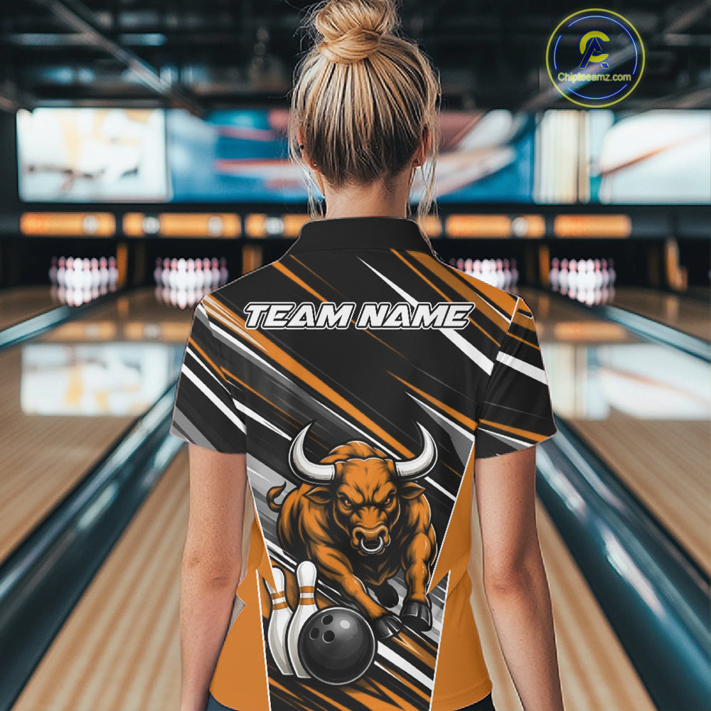 Custom Black And Orange Bull Bowling Team Women Polo Shirt, Bull Bowling Jerseys IPHW11817