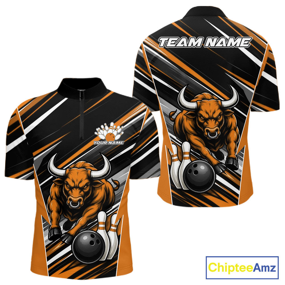Custom Black And Orange Bull Bowling Team Men Quarter Zip Shirt, Bull Bowling Jerseys IPHW11817