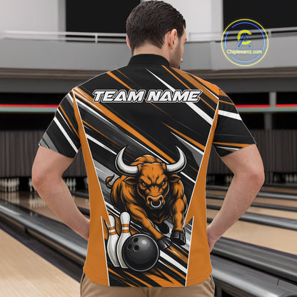 Custom Black And Orange Bull Bowling Team Men Quarter Zip Shirt, Bull Bowling Jerseys IPHW11817
