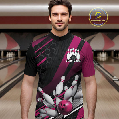 Custom Black And Pink Bowling Team Jerseys, Striking Bowling League Quarter-Zip Shirt For Men IPHW9810
