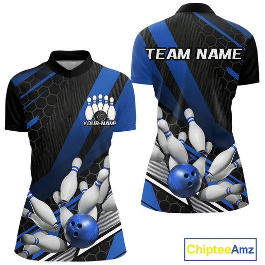 Custom Blue Bowling Team Jerseys, Striking Bowling League Quarter-Zip Shirt For Women IPHW9811