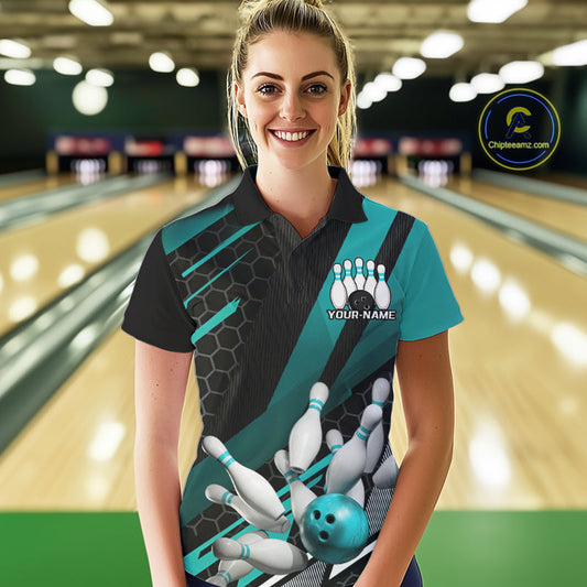 Custom Black And Turquoise Blue Bowling Team Jersey, Bowling League Women Polo Shirt IPHW9812