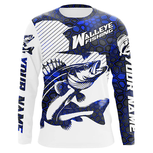 Custom Walleye Fishing Jerseys, Walleye Fishing Long Sleeve Fishing Tournament Shirts | Blue Camo IPHW5731