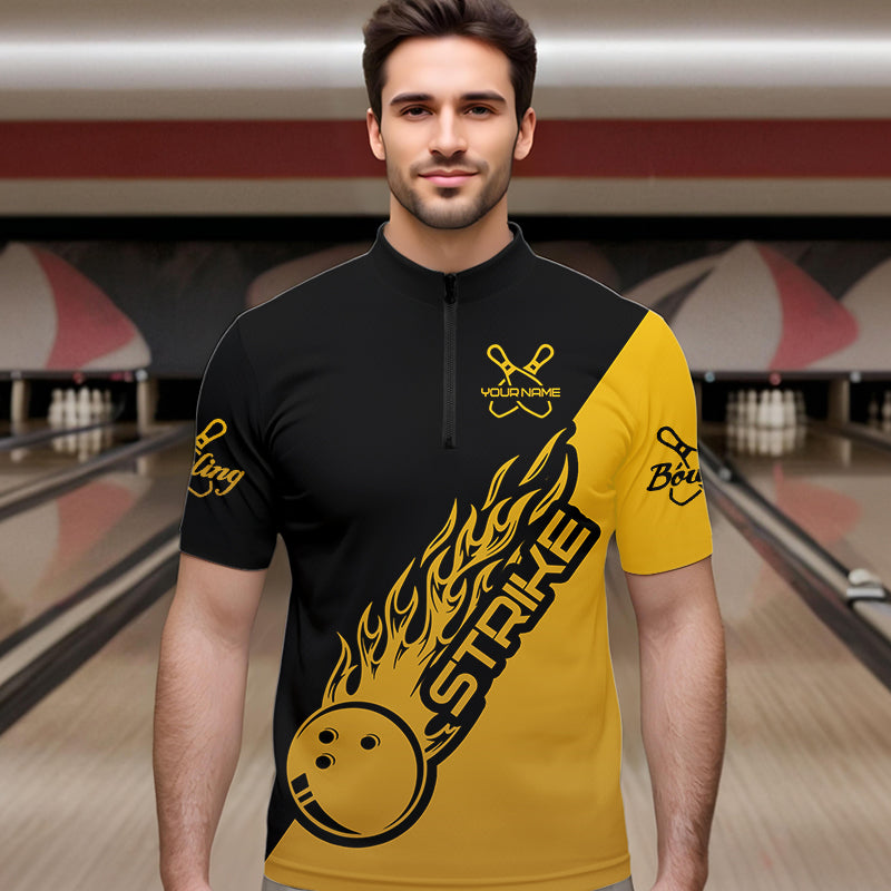 Black And Golden Custom Strike Bowling Quarter-Zip Shirts For Men, Bowling Team Shirt Bowler Outfit IPHW8825