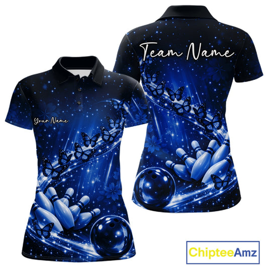 Custom Blue Butterfly Bowling Women Polo Team Shirt, Ladies Bowling League Shirt IPHW10902