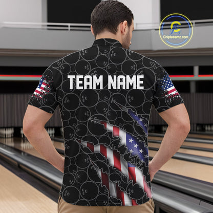 Custom Patriotic Bowling Zip Shirts For Men, American Flag Bowling Uniform Bowlers Outfit | Black IPHW6778