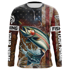 Custom Rainbow Trout Long Sleeve Fishing Shirts For Men, Patriotic Amerian Flag Trout Fishing Shirt IPHW6890