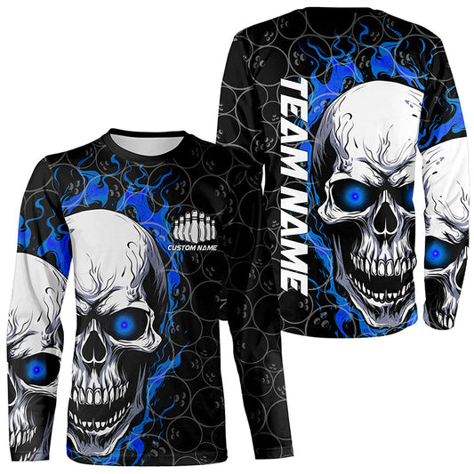Custom Blue Flame Skull Bowling Shirts For Men And Women, Bowling Team Long Sleeve Bowling Shirts IPHW5103