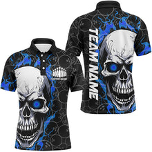 Load image into Gallery viewer, Blue And Black Custom Skull Flame Bowling Shirts For Men, Custom Bowling Team Uniform For Bowlers IPHW5103