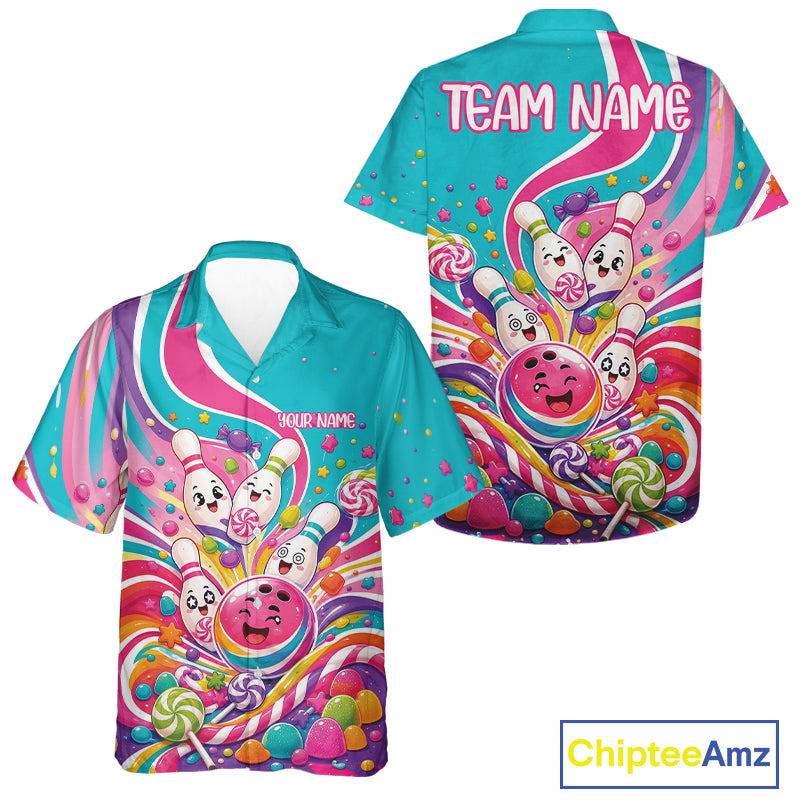 Custom Colorful Cute Funny Candy Bowling Kids Button Up Shirt, Playful Bowling Shirt IPHW11832