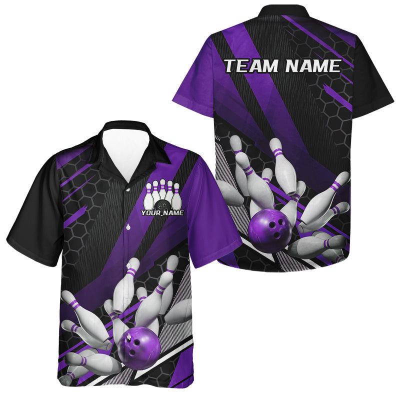 Black And Purple Custom Bowling Team Jerseys, Bowling League Hawaiian Shirts For Men IPHW7691