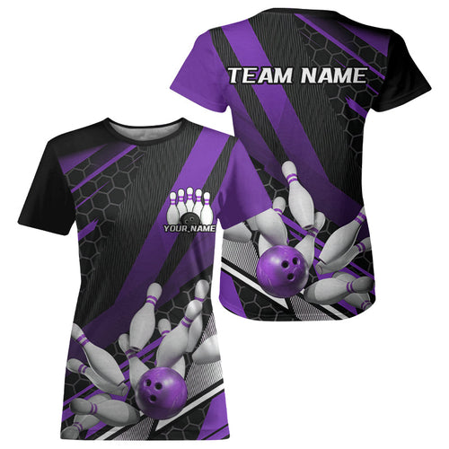 Black And Purple Custom Bowling Team Jerseys, Bowling League T-Shirts For Women IPHW7691