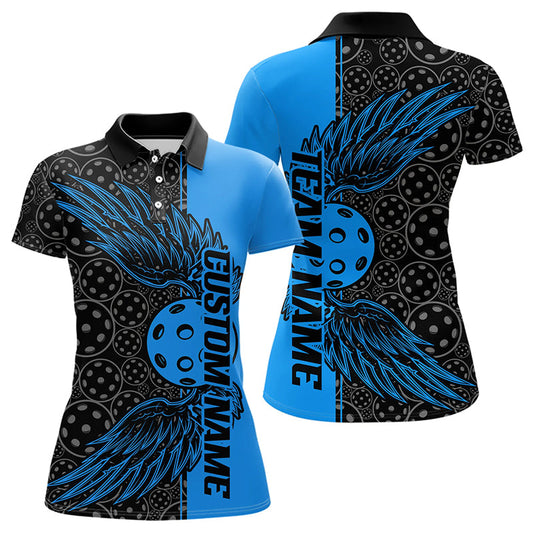 Black And Blue Custom Pickleball Wings Polo Shirts For Women, Mens Pickleball Team Shirts IPHW8108