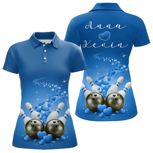 Custom Blue Valentine Bowling Polo Shirts For Women, Valentines Day Couple Bowling Outfits  IPHW8349