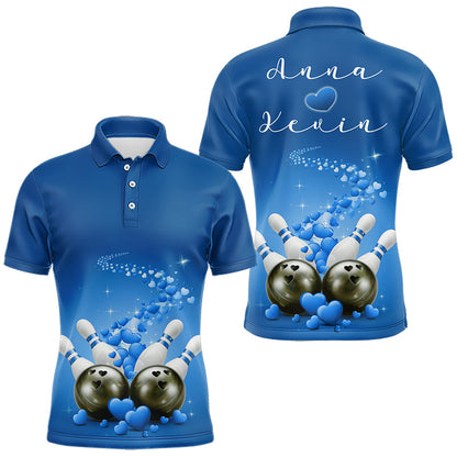 Custom Blue Valentine Bowling Polo Shirts For Men, Valentines Day Couple Bowling Outfits  IPHW8349