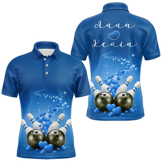 Custom Blue Valentine Bowling Polo Shirts For Men, Valentines Day Couple Bowling Outfits  IPHW8349