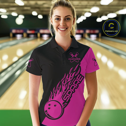 Custom Black And Pink Flame Spare Bowling Women Shirts, Bowling Team League Jerseys IPHW10691