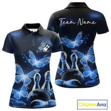 Load image into Gallery viewer, Custom Blue Butterfly Bowling Polo Shirts For Women, Bowling Team Shirt With Butterflies IPHW10701