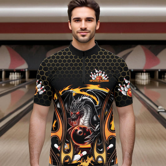 Custom Black And Yellow Flame Dragon Bowling Men Quarter-Zip Shirts, Team Bowling League Shirt IPHW8839