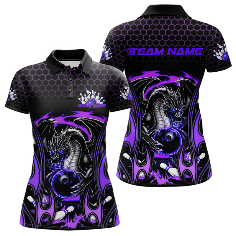 Custom Black And Purple Flame Dragon Bowling Women Polo Shirts, Team Bowling League Shirt IPHW8840