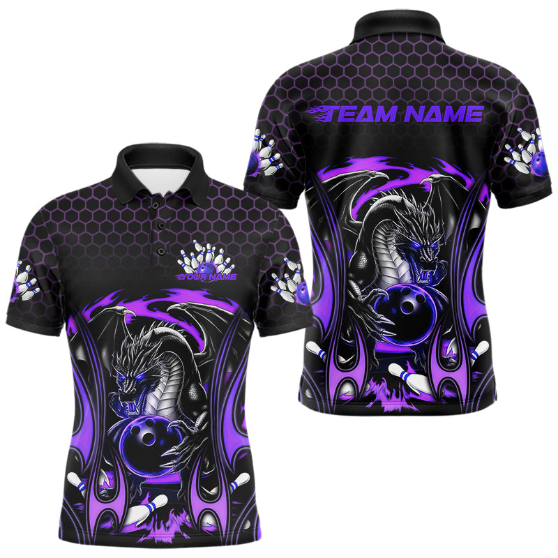 Custom Black And Purple Flame Dragon Bowling Men Polo Shirts, Team Bowling League Shirt IPHW8840