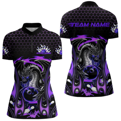 Custom Black And Purple Flame Dragon Bowling Women Quarter-Zip Shirts, Bowling League Shirt IPHW8840