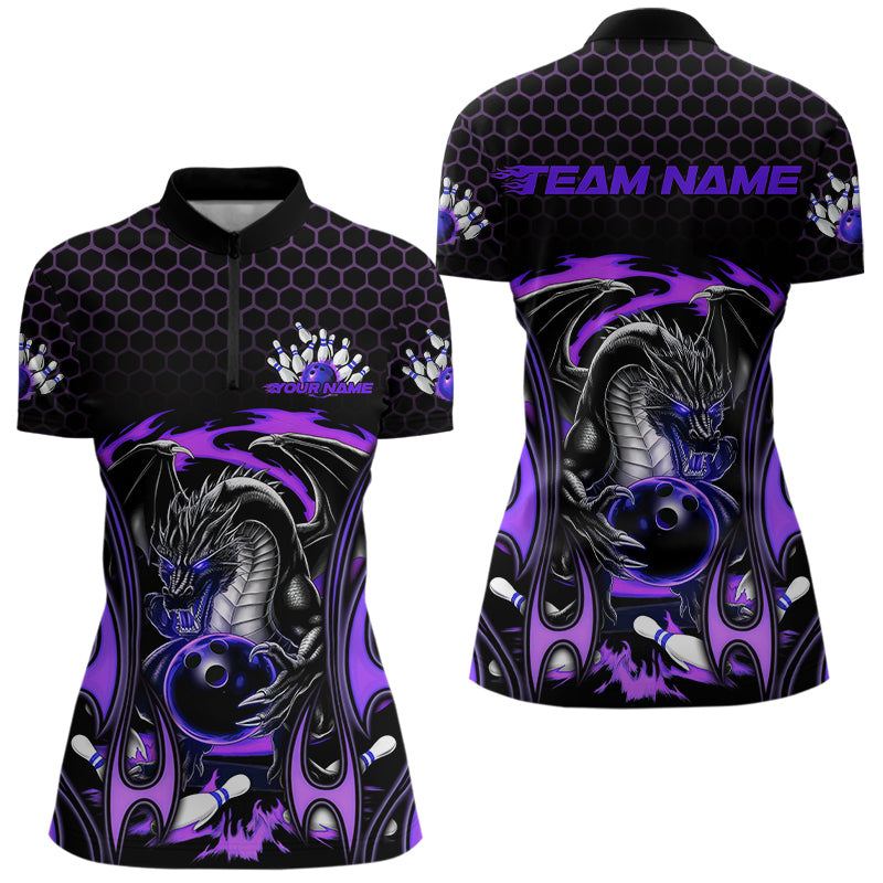 Custom Black And Purple Flame Dragon Bowling Women Quarter-Zip Shirts, Bowling League Shirt IPHW8840