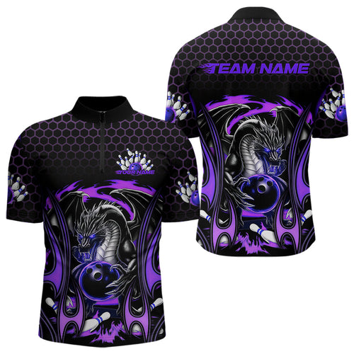 Custom Black And Purple Flame Dragon Bowling Men Quarter-Zip Shirts, Team Bowling League Shirt IPHW8840