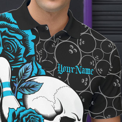 Custom Blue Roses And Skull Bowling Polo Shirts For Men, Team Bowling League Shirt IPHW8844