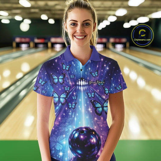 Custom Blue And Purple Galaxy Bowling Lane Butterfly Bowling Team Women Polo Shirt IPHW10913
