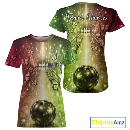Custom Red And Green Galaxy Bowling Lane Butterfly Bowling Team Women T-Shirts IPHW10914