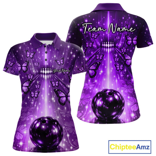 Custom Purple Galaxy Bowling Lane Butterfly Bowling Team Women Polo Shirt IPHW10917