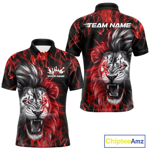 Custom Red Flame Lion Bowling Polo Team Shirts For Men, Lion Bowling League Shirt IPHW9326