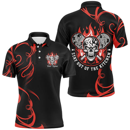 Custom Flame Skull Pickleball Polo Shirts For Men Sayings "Stay Out Of The Kitchen" | Red IPHW6909