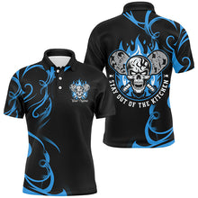 Load image into Gallery viewer, Custom Flame Skull Pickleball Polo Shirts For Men Sayings "Stay Out Of The Kitchen" | Blue IPHW6910