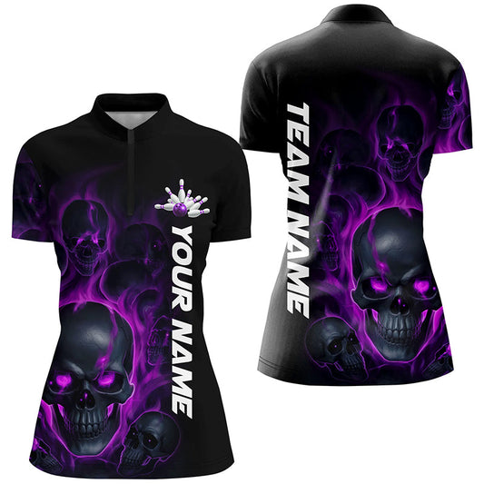 Purple Smoke Flame Custom Skull Ladies Bowling Shirts, Bowling Team Uniform Halloween Outfit IPHW7391