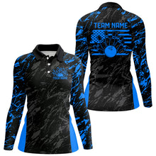 Load image into Gallery viewer, Black And Blue Camo Custom Patriotic Ladies Bowling Shirts, American Flag US Bowling Shirt IPHW7914