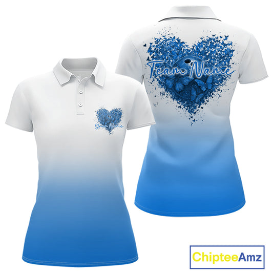 Custom Blue Butterflies Heart Bowling Team Women Polo Shirts, Ladies Bowling League Shirt IPHW10236