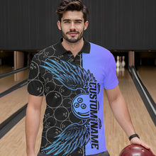 Load image into Gallery viewer, Blue And Purple Custom Bowling Tournament Men Polo Shirts, Bowling Ball And Wings Jerseys IPHW8845