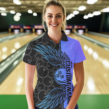 Load image into Gallery viewer, Blue And Purple Custom Bowling Tournament Women Polo Shirts, Bowling Ball And Wings Jerseys IPHW8845