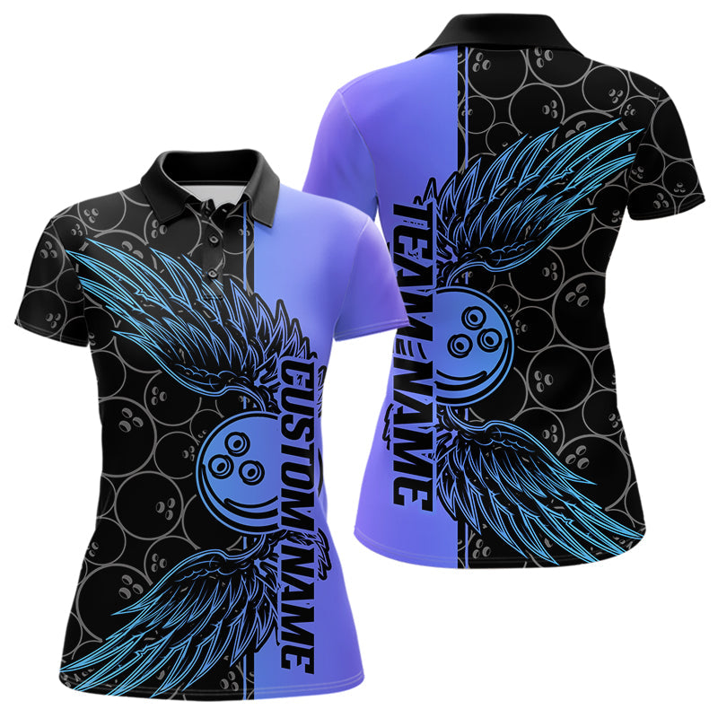 Blue And Purple Custom Bowling Tournament Women Polo Shirts, Bowling Ball And Wings Jerseys IPHW8845