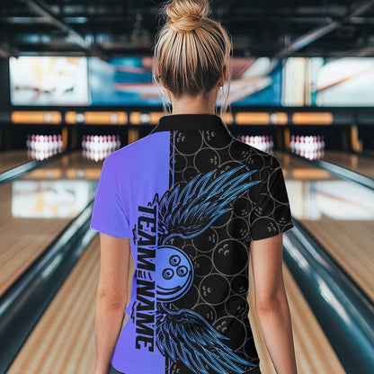 Blue And Purple Custom Bowling Tournament Women Quarter-Zip Shirts, Bowling Ball And Wings IPHW8845